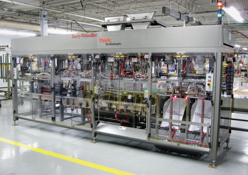 Automatic Centering. On this bulk-bag filling system, bulk bags are automatically centered by four rodless electric screw actuat