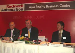 Rockwell?EURs Dave Johnson, Steve Eisenbrown, and Scott Summerville, Asia Pacific president (left to right) taking questions o Rockwell?EURs Dave Johnson, Steve Eisenbrown, and Scott Summerville, Asia Pacific president (left to right) taking questions o