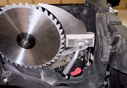 The brake on SawStop LLC?EURs device, is triggered when sensors detect the capacitance change that occurs when a finger touche The brake on SawStop LLC?EURs device, is triggered when sensors detect the capacitance change that occurs when a finger touche