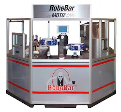 Motoman's dual-arm RoboBar is capable of vending draft beer, mixed drinks and soft drinks, and uses a magnetic card scanner to a Motoman's dual-arm RoboBar is capable of vending draft beer, mixed drinks and soft drinks, and uses a magnetic card scanner to a