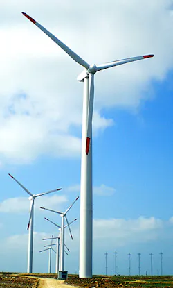 Mitsubishi's MWT 1000 wind turbine in use on a wind farm.