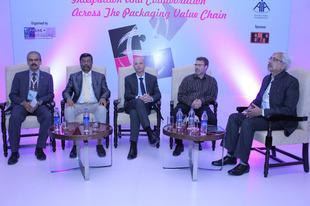 Panel discussion about open technology standards (from left to right): Mahabaleshwara B.L., Nestl&eacute; India, Satish Ansingkar, B&R, Maurizio Tarozzi, B&R, Bryan Griffen, Nestl&eacute;/Chair of Organization for Machine Automation & Control and OMAC Packaging Workgroup, and moderator Anup Wadhwa.