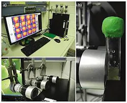 FIGURE 1: Experimental set-up: Monitoring set-up in the lab showing three VisiSens detection units (cameras on the right corner) connected to a PC and software screen (a); test vial containing alginate beads in direct contact with the detector unit for CO2 monitoring (b); monitoring set-up allows detection of three parameters pH, O2 and CO2 (c). FIGURE 1: Experimental set-up: Monitoring set-up in the lab showing three VisiSens detection units (cameras on the right corner) connected to a PC and software screen (a); test vial containing alginate beads in direct contact with the detector unit for CO2 monitoring (b); monitoring set-up allows detection of three parameters pH, O2 and CO2 (c).