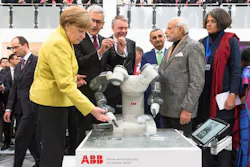 ABB CEO Ulrich Spiesshofer shows YuMi to German Chancellor Angela Merkel and Indian Prime Minister Narendra Modi at Hannover Messe in Germany. ABB CEO Ulrich Spiesshofer shows YuMi to German Chancellor Angela Merkel and Indian Prime Minister Narendra Modi at Hannover Messe in Germany.