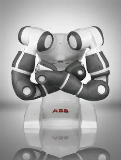 Close, safe interactions with humans are the goal of ABB’s recently introduced YuMi robot. Close, safe interactions with humans are the goal of ABB’s recently introduced YuMi robot.