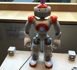 A robot stands at the ready to direct visitors to where they want to go on Microsoft's campus. A robot stands at the ready to direct visitors to where they want to go on Microsoft's campus.