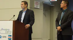 Optel Vision's Mario Simard (at podium) and Steve Peterson co-presented 'Serialization-Regulatory Compliance' on Tuesday, Nov. 8