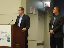 Optel Vision's Mario Simard (at podium) and Steve Peterson co-presented 'Serialization-Regulatory Compliance' on Tuesday, Nov. 8 Optel Vision's Mario Simard (at podium) and Steve Peterson co-presented 'Serialization-Regulatory Compliance' on Tuesday, Nov. 8