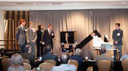 The Copley Engineering Team presents the Fomo Nozzle Production and Packaging System at the SourceAmerica Design Challenge. From left, the team includes students Matthew Kromalic, Adam Eberhardt, Deniz Tektas, Greg White and Aaron Hesketh. Source: Copley High School Engineering Team