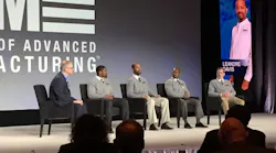 Joe Allie, business manager, global competency, for Rockwell Automation, moderates a panel discussion with four of the first graduates of the Academy of Advanced Manufacturing (from left to right): Chris Allison, Dre Davis, Travis Tolbert and Scott Bingham.