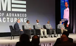 Joe Allie, business manager, global competency, for Rockwell Automation, moderates a panel discussion with four of the first graduates of the Academy of Advanced Manufacturing (from left to right): Chris Allison, Dre Davis, Travis Tolbert and Scott Bingham. Joe Allie, business manager, global competency, for Rockwell Automation, moderates a panel discussion with four of the first graduates of the Academy of Advanced Manufacturing (from left to right): Chris Allison, Dre Davis, Travis Tolbert and Scott Bingham.