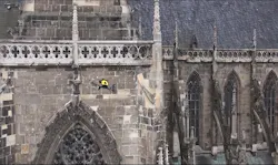 The Intel Falcon 8+ drone inspects the north portal of the Halberstadt Cathedral in Saxony-Anhalt, Germany. The Intel Falcon 8+ drone inspects the north portal of the Halberstadt Cathedral in Saxony-Anhalt, Germany.