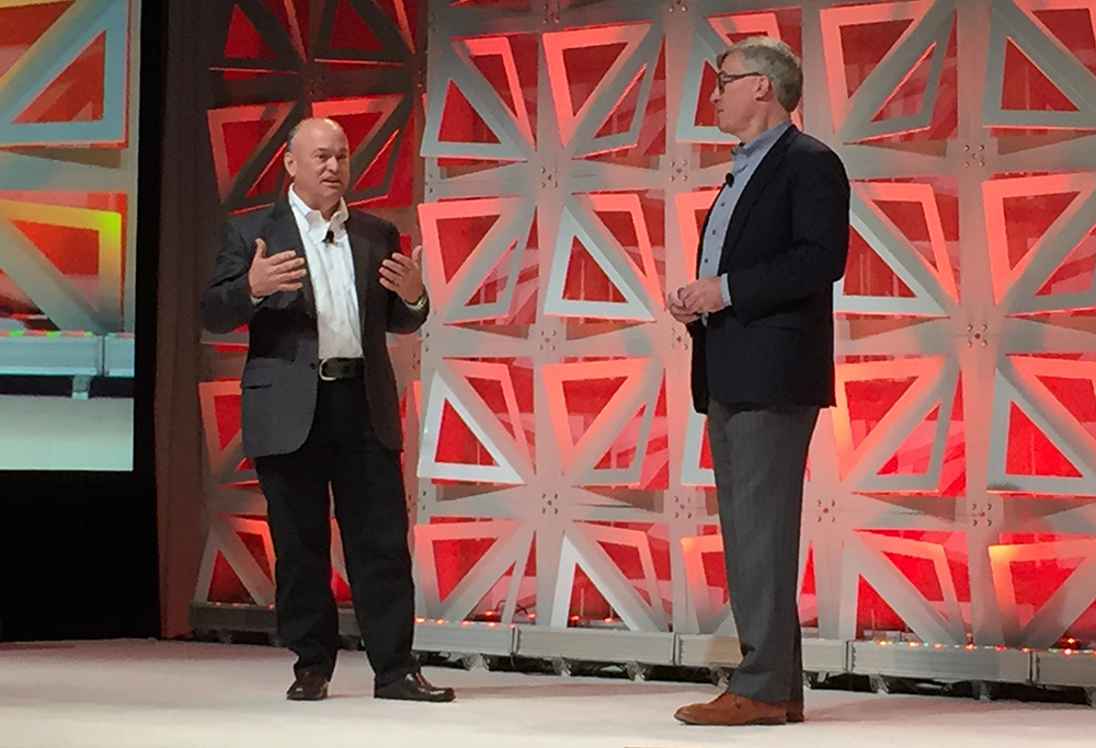 PTC&rsquo;s Jim Heppelmann (left) and Rockwell Automation&rsquo;s Blake Moret discuss their companies' new partnership.