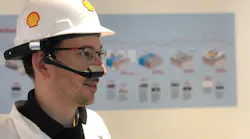 Michael Kaldenbach, Shell’s digital realities lead, demonstrates a head-mounted HMT-1Z1 device.