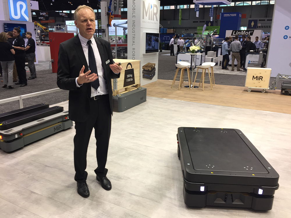 Niels Jul Jacobsen, founder of Mobile Industrial Robots (MiR), shows off the new MiR1000, which doubles the company&rsquo;s previous p
