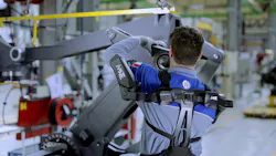 The Mate wearable exoskeleton uses an advanced passive structure to help workers perform repetitive tasks. The Mate wearable exoskeleton uses an advanced passive structure to help workers perform repetitive tasks.