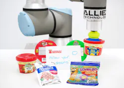 A four-cobot line picks random product and loads food into a pouch destined for Blessings in a Backpack. A four-cobot line picks random product and loads food into a pouch destined for Blessings in a Backpack.