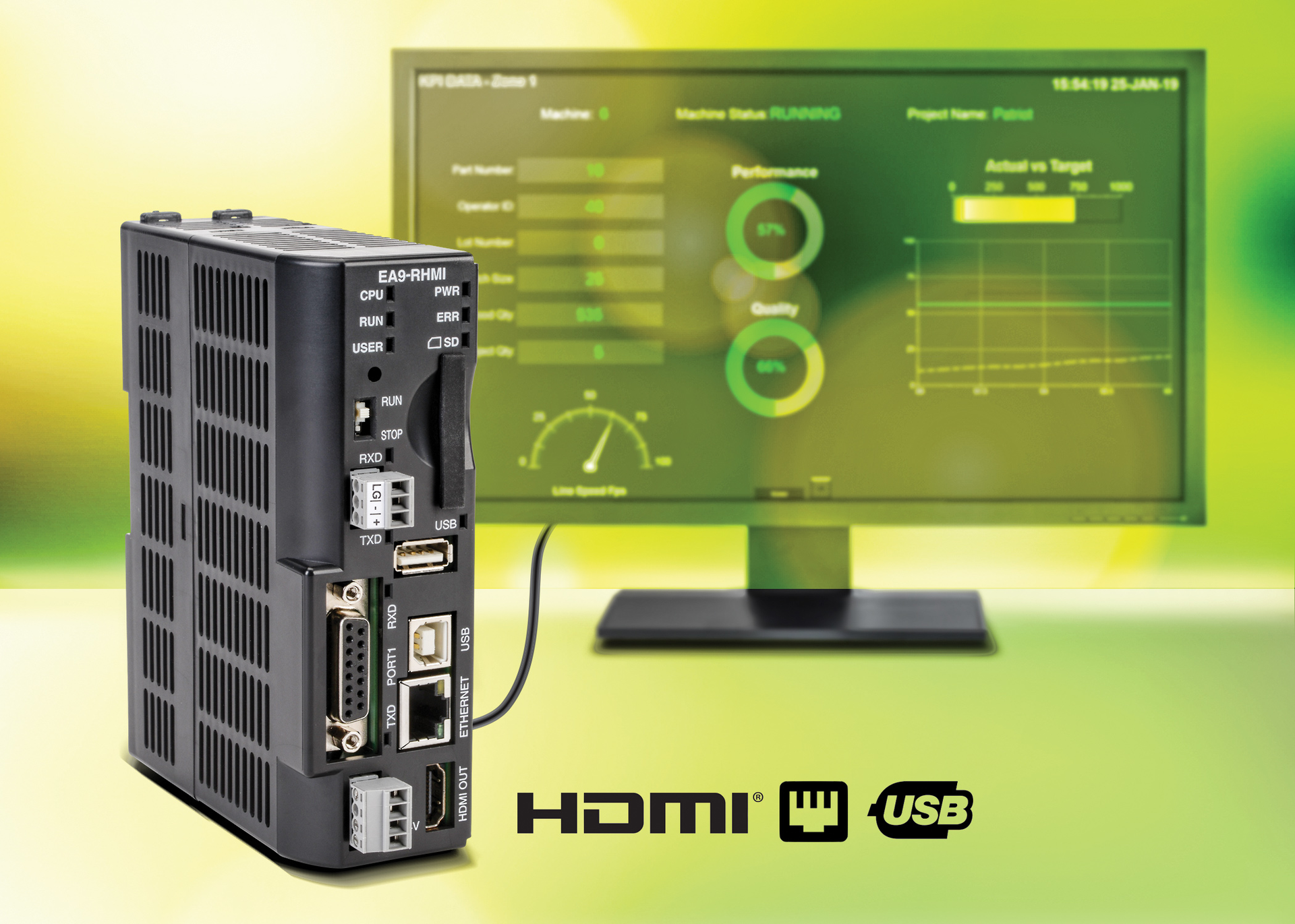 The EA9-RHM C-more Remote HMI from AutomationDirect provides functionality of a touch panel without a touchscreen interface.