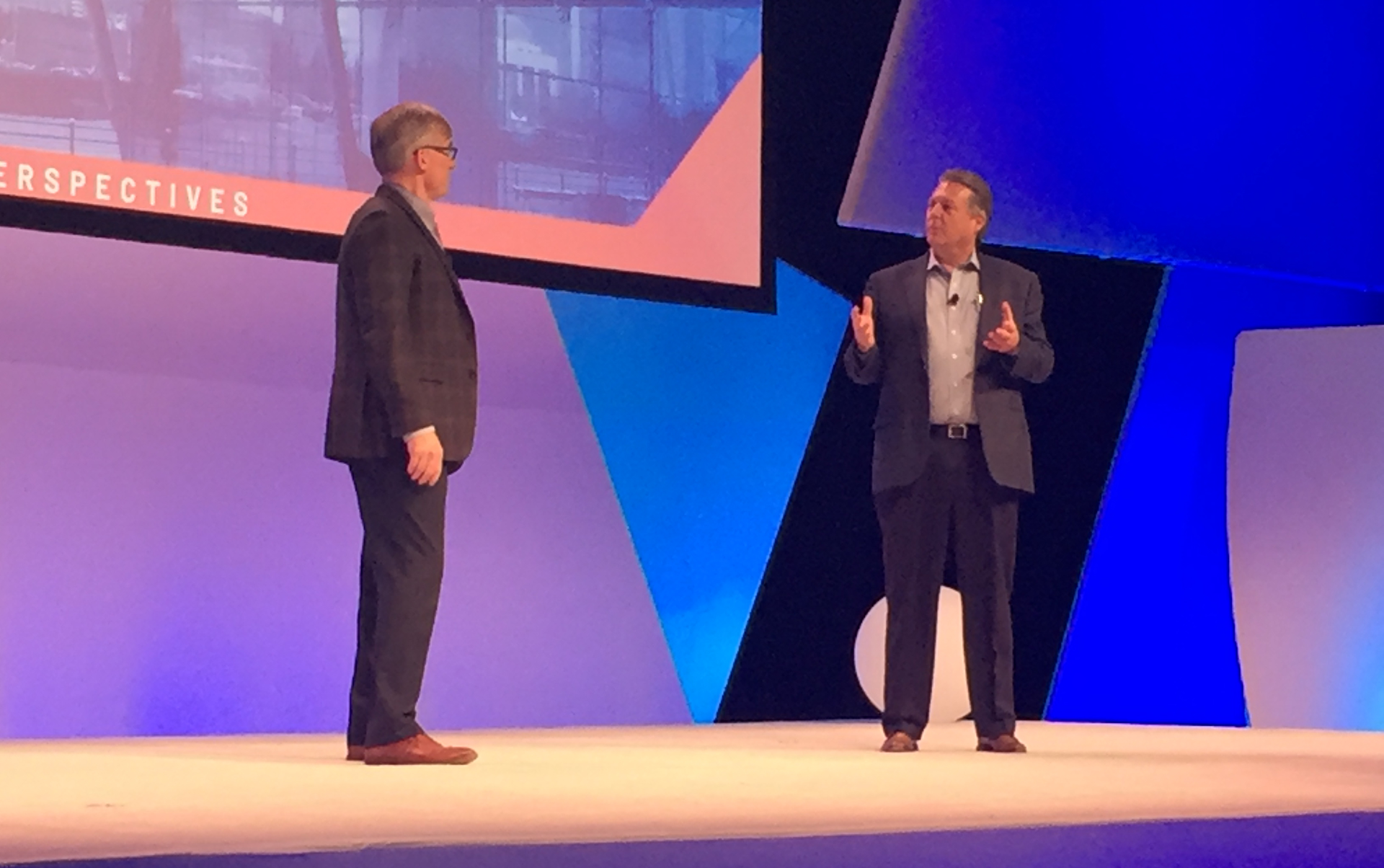 Mike Sutcliff (right) joins Blake Moret on the Perspectives stage to announce a new partnership between Rockwell Automation and Accenture&rsquo;s Industry X.0.