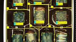 Cognex Deep Learning quality inspection software can be trained to identify correct placement and types of items assembled or packaged. In this consumer packaged goods example, it's assorted chocolates in a package. Source: Cognex