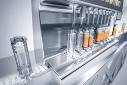 The AcoposTrak from B&R transports products from processing stations on independently controlled shuttles. The AcoposTrak from B&R transports products from processing stations on independently controlled shuttles.