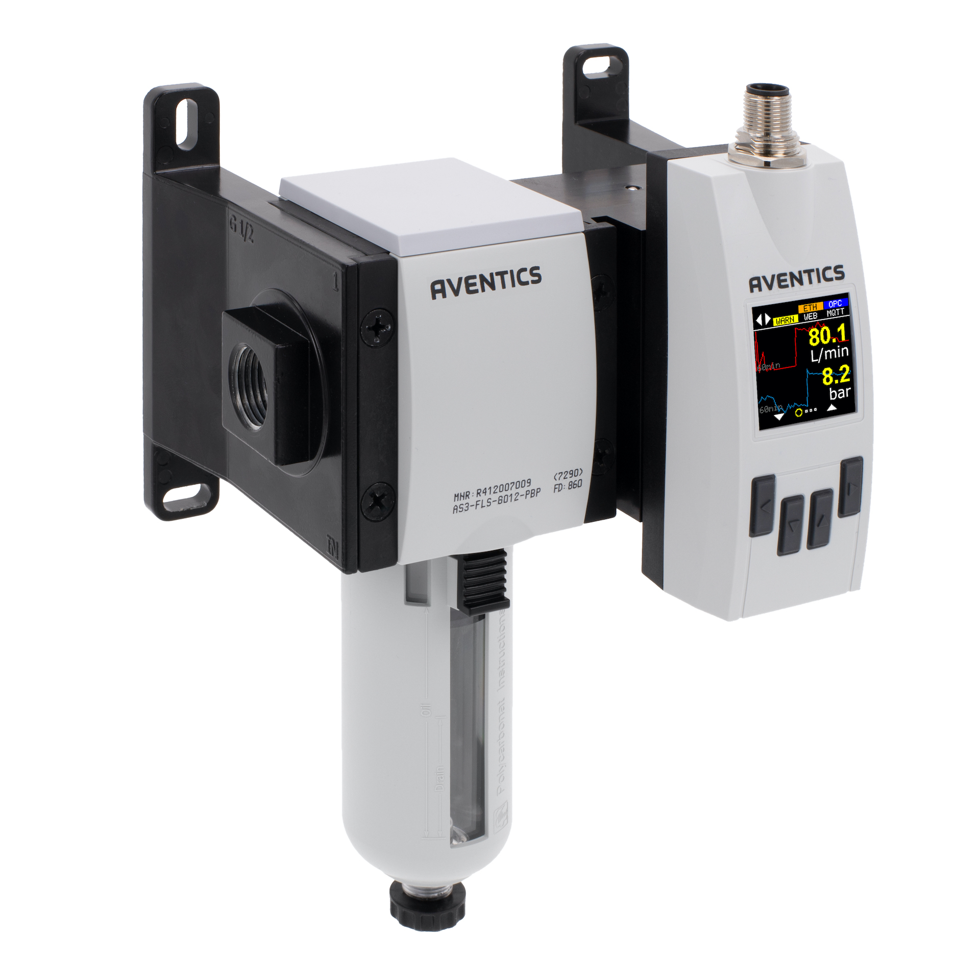 The Aventics AF2 Series flow sensor is an IIoT-enabled device that provides air consumption and leak detection analytics. Source: Emerson