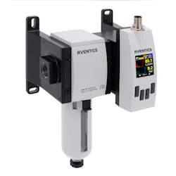 The Aventics AF2 Series flow sensor is an IIoT-enabled device that provides air consumption and leak detection analytics. Source: Emerson The Aventics AF2 Series flow sensor is an IIoT-enabled device that provides air consumption and leak detection analytics. Source: Emerson