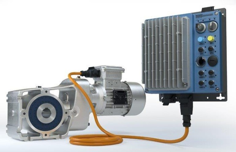 Nord Gear's LogiDrive system includes a high efficiency Nord gearbox, IE4 or IE5+ permanent magnet synchronous motor, a decentralized variable frequency drive, M12 signal connectors, and an incremental encoder.
