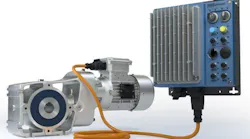 Nord Gear's LogiDrive system includes a high efficiency Nord gearbox, IE4 or IE5+ permanent magnet synchronous motor, a decentralized variable frequency drive, M12 signal connectors, and an incremental encoder.