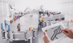 B&R uses four of its technologies to create an adaptive machine: AcoposTrak, integrated machine vision, machine centric robotics, and digital twins. B&R uses four of its technologies to create an adaptive machine: AcoposTrak, integrated machine vision, machine centric robotics, and digital twins.