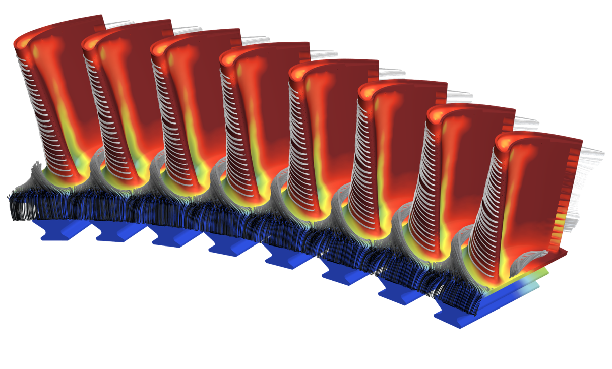 Metal temperatures in a turbine blade, predicted using conjugate heat transfer simulation with Simcenter STAR-CCM+ software.