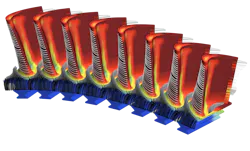 Metal temperatures in a turbine blade, predicted using conjugate heat transfer simulation with Simcenter STAR-CCM+ software. Metal temperatures in a turbine blade, predicted using conjugate heat transfer simulation with Simcenter STAR-CCM+ software.