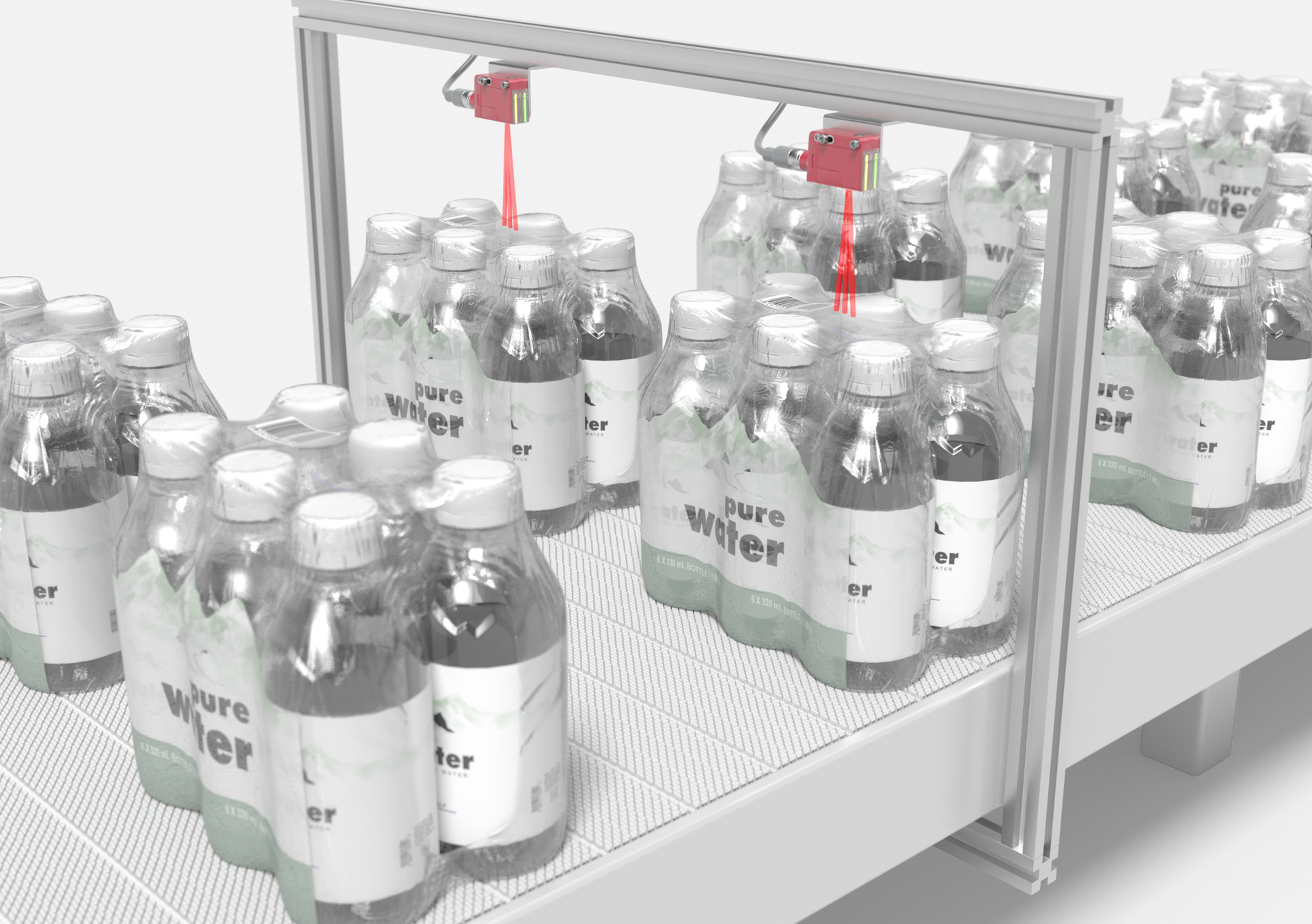 The DRT25C.R sensor is installed above the conveyor belt and uses the conveyor as a reference.
