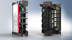 The IP65/67-rated C7015 ultra-compact Industrial PC (left) supports machine mounting even in confined spaces and further minimizes footprint with directly attached EPP series EtherCAT P I/O modules (as shown on the right).