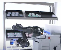 Omron demonstrates its advanced product pick-and-place robotic system that incorporates a collaborative mobile and fixed robot with 3D vision technology. Omron demonstrates its advanced product pick-and-place robotic system that incorporates a collaborative mobile and fixed robot with 3D vision technology.