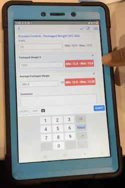 Screenshot of the SafetyChain software software on a mobile device highlighting out-of-spec package weights to direct worker tasks. Screenshot of the SafetyChain software software on a mobile device highlighting out-of-spec package weights to direct worker tasks.