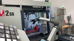 A UR10e cobot from Universal Robots tends a Haas VF-2SS vertical machining center. Source: Fusion OEM A UR10e cobot from Universal Robots tends a Haas VF-2SS vertical machining center. Source: Fusion OEM