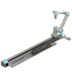 With the Festo Motion Control Package, a seventh axis can be added to a Universal Robot cobot for a range of applications, including palletizing. Source: Festo. With the Festo Motion Control Package, a seventh axis can be added to a Universal Robot cobot for a range of applications, including palletizing. Source: Festo.