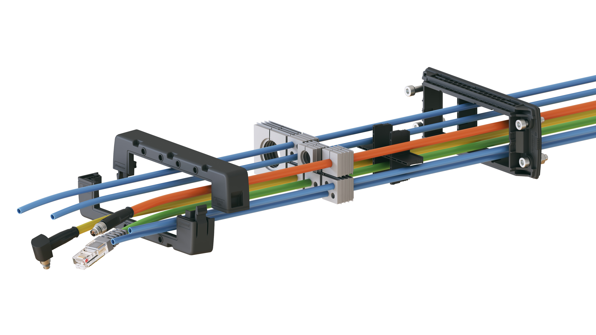 Exploded view of the KDSI-SR cable entry system with frame, sealing elements and cables.