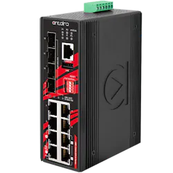 The Antaira LMP-1204G-SFP-bt managed switch with persistent PoE technology. The Antaira LMP-1204G-SFP-bt managed switch with persistent PoE technology.