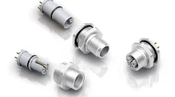Male and female two-piece panel mount connectors of the 823 series – each consisting of mounting body and socket housing. Male and female two-piece panel mount connectors of the 823 series – each consisting of mounting body and socket housing.