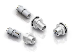 Male and female two-piece panel mount connectors of the 823 series – each consisting of mounting body and socket housing. Male and female two-piece panel mount connectors of the 823 series – each consisting of mounting body and socket housing.