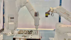 Mitsubishi’s Assista cobot and RV-7FRL and RV-8CRL industrial robots in a complex path screw-driving assembly operation at IMTS 2022.
