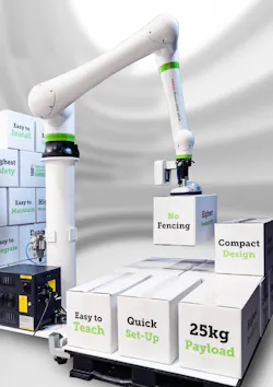 Fanuc's CRX-25iA robot can palletizes boxes to nearly seven feet high. Fanuc's CRX-25iA robot can palletizes boxes to nearly seven feet high.