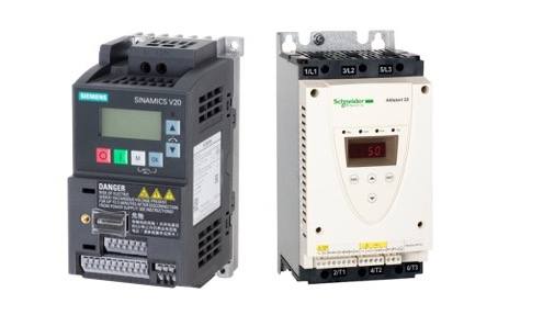 A Siemens Sinamics V20 VFD (left) and a Schneider Electric Altistart ATS22D47Q soft starter.