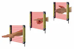 When a light curtain is disturbed by a person or object entering its beams, the device triggers an alert or action as shown with Omron Automation’s F3SJ safety light curtains. When a light curtain is disturbed by a person or object entering its beams, the device triggers an alert or action as shown with Omron Automation’s F3SJ safety light curtains.