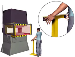 Two-hand control guarantees the operator remains a safe distance away from the machine in this stamping-machine application. Source: Banner Engineering. Two-hand control guarantees the operator remains a safe distance away from the machine in this stamping-machine application. Source: Banner Engineering.