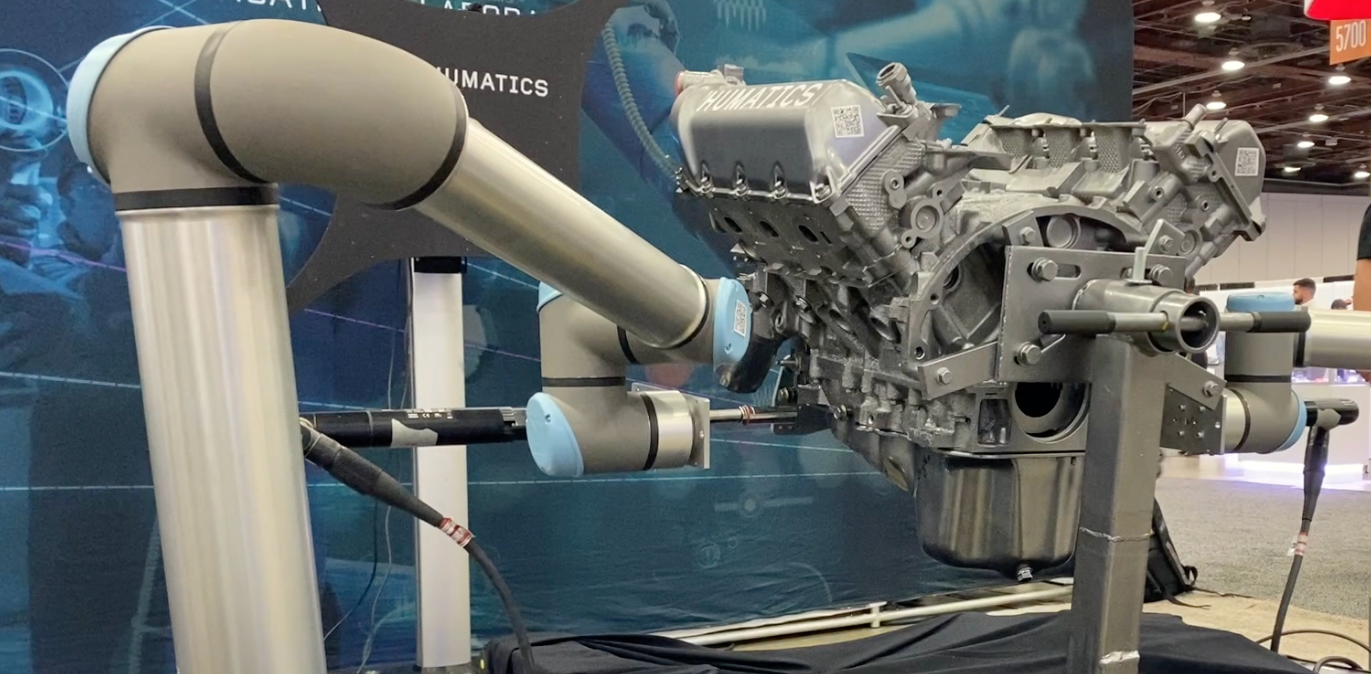 With this aid of Humatics' microlocation technology, two Universal Robots with Atlas Copco end effectors deliver torque to engine bolts as the engine moves through the assembly area without stopping.