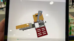 Reviewing the digital twin in Columbia/Okura's miniPal palletizing system on a mobile device.
