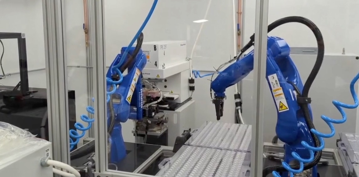 In this medical supplies manufacturing application, three Yaskawa industrial robots delivered via Rapid Robotics' robots as a service program are used to plasma treat and inspect syringes.